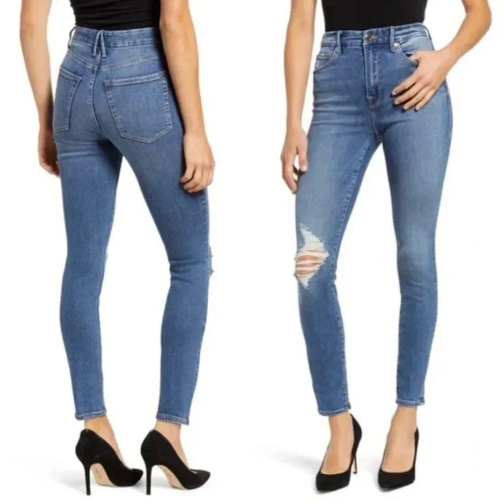 Good American Distressed Good Waist High Rise Skinny Ankle Jean Stretch Blue 28